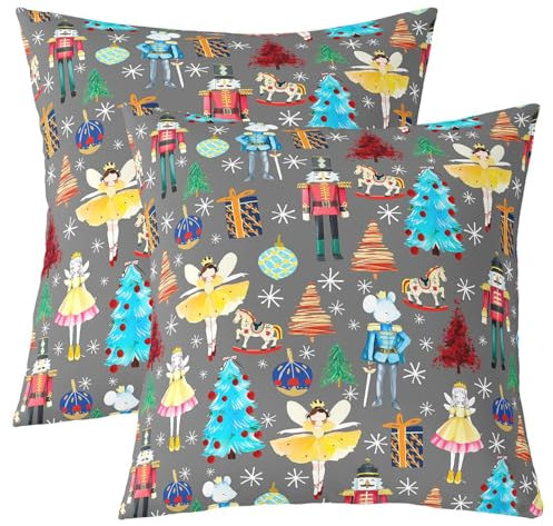 Loussiesd Christmas Nutcracker Reversible Throw Pillow Covers 40x40cm Kids Ballet Nutcracker Pillow Covers Home Decor for Boys Teens Soldier Prince Mouse Fairy Square Cushion Covers Set of 2 Grey