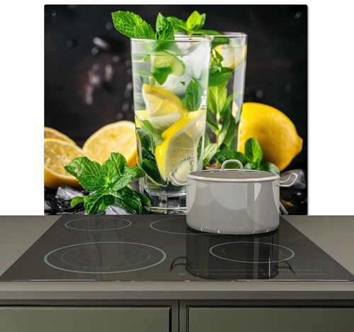 KitchenYeah© Spritzschutz Herd Küchenrückwand Vinyl Küchen Zubehör | 60x52 cm - Küchenwand, Herdabdeckplatten für Ceranfeld Wasser - Glas - Zitrone - Minze
