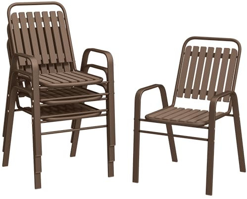 Outsunny Set 4 Sedie da Giardino Impilabili con Schienale Alto e Braccioli, Sedie da Esterno in Plastica PP e Acciaio, da Patio, Balcone, Terrazza, Esterno e Interno, 56x66x91 cm, Marrone Scuro