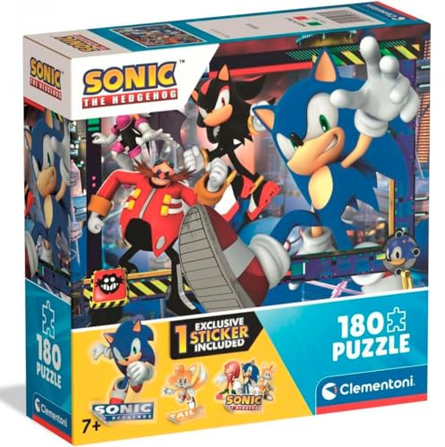 Clementoni - Pussel för barn 180 stycken superfärg, för barn 7+ år, illustration med Sonic Kartongfigurer, med klistermärken ingår, presentidéer, tillverkad i Italien, 48,5 x 33,5 cm, 29797