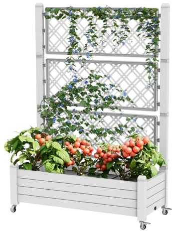 GYMHILL Elevated Raised Garden Bed with Trellis,Outdoor Large Resin Patio Planter Box Stand Divisible with Drain Plug,Water Monitor for Plants Vegetables Flowers Fruits (Ashen, 43.43 * 18.27 * 64.29)