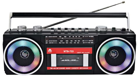 Retro Classic 80s Style Portable Boombox with Cassette Player Recorder, AM/FM/SW Radio, Bluetooth, USB/Micro SD Slots, Headphone Jack, 16W Dual Stereo Speakers