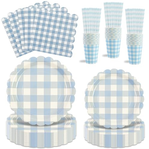 125Pcs Blue Party Scalloped Tableware Set,Disposable Blue Paper Plates Napkins Cups Set for Dinner Dessert Birthday Party Supplies