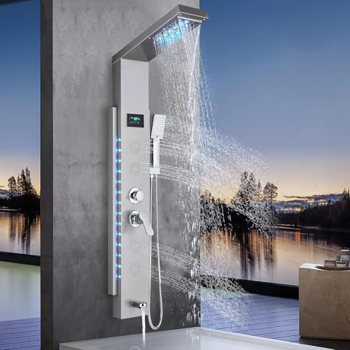 Harnart Colonna doccia idromassaggio per vasca da bagno 6 in 1 con LED Colonna Doccia Idromassaggio Acciaio Inox Sistema di Pannello Doccia a Parete Spazzolata