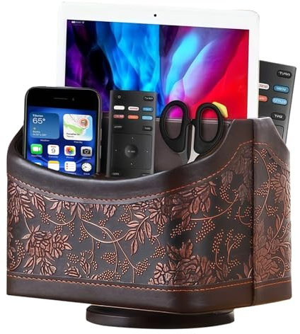 WIYETY - Supporto per telecomando girevole a 360°: organizer multifunzione da comodino, 5 tasche, in pelle PU per telecomandi, cancelleria, quaderni, penne
