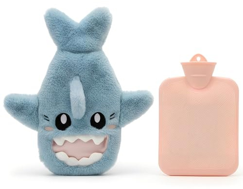 Luxvara Borsa dell'Acqua Calda, Borsa Acqua Calda Peluche Squalo, Borsas Acqua Caldas con Morbida Fodera in Peluche, Borsas Dell'acqua Caldas Carina per il Relax, Alleviare Dolori (Blu)