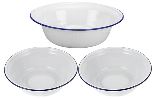 FUNOMOCYA Cuenco de Esmalte Retro de Gran Capacidad, 3 Piezas, Blanco, Ligero E Irrompible para Sopa, Ensalada y Picnic al Aire Libre