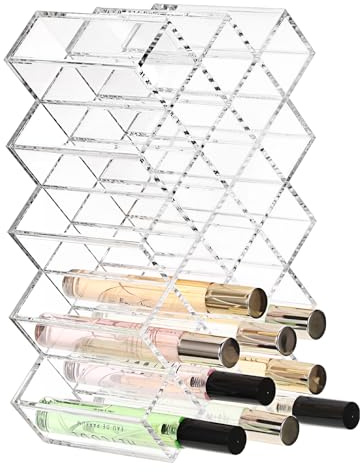ELLDOO Rollerball Perfume Organizer, 23 Spaces Clear Acrylic Perfume Storage Holder Beauty Scent Holder, Stackable Makeup Lipgloss Lipstick Display Case Lip Gloss Storage Stand (5-Tier)