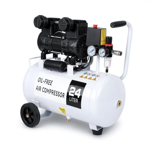 GEARPASS Druckluft Kompressor 1300W /1.77PS Luftkompressor, 24 L Kessel, 220 L/min, 8 Bar, Ölfrei mit 2x Manometer und Druckminderer, Leicht zu transportieren dank Rädern