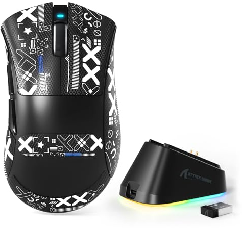MAMBASNAKE x ATTACK SHARK V3PRO Mouse da Gioco Wireless con Base di Ricarica Magnetica, Sensore PAW3311, BT/2,4G/USB-C, Peso Leggero 62 g, 500 mAh, 25000 DPI LIGHTSPEED per PC/Mac -Nero with Tape