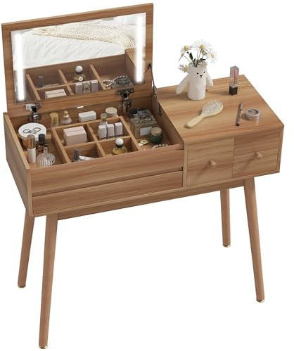 HOMCOM Toeletta Trucco con Specchio Ribaltabile a LED, Postazione Trucco Moderna con 3 Cassetti, Scomparti Interni e Gambe in Pino, Tavolo Toeletta per Camera da Letto, 100x40x87 cm, Colore Noce