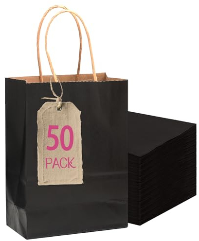 Gcardist 50 Stück Mini-Geschenktüten Schwarz-Geschenktüten aus Papier mit Henkeln–Tasche Partygeschenktüten für vielfältige Verwendungszwecke-12x6x15cm