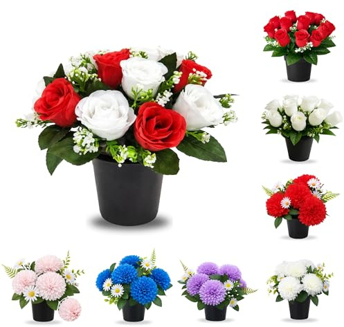 Fiori artificiali per tomba in vaso, 12 margherite, decorazione commemorativa resistente alle intemperie, composizione floreale realistica per uso esterno, altezza 25 cm, espositore tributo a lunga