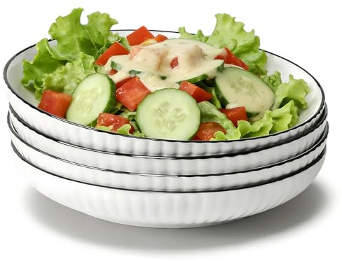 MEETOZ 4Pack Ceramic Pasta Bowls, 8 Inch Salad Bowl, White Ribbed Ceramic Dinner Plates, Soup Bowl, Microwave & Dishwasher Safe, for Kitchen, Restaurant, Outdoor