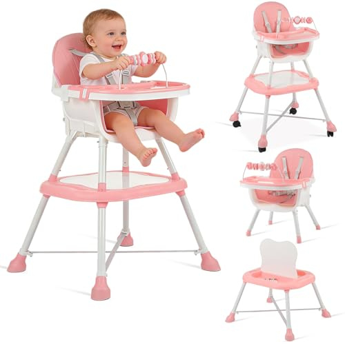 ifundom Trona Multifuncional para Niño y Niño con Bandeja Extraíble y Ruedas, Diseño Regulable en Elevación, Silla de Comedor Rosa de Pp para Alimentación y Aprendizaje