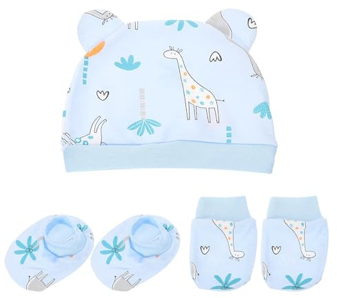 EXAOMBLE Gorro, Guantes y Calcetines para Recién Nacido de Algodón, Conjunto 3 Piezas Azul Diseño de Jirafa, Mitones y Calcetines Suaves para Ñiño, Protección Térmica Adecuado para Bebés