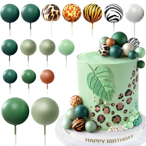 Wild One Cake Topper, Jungle Safari Balls Cake Decorations with Animal Print and Green Balls for Tiger Zebra Leopard Theme Birthday Cupcake Decorations