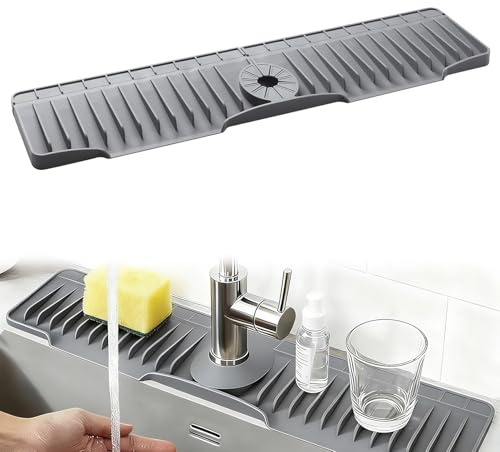 Silicone Faucet Mat, Faucet Handle Drip Catcher Tray, 61cm Slope Fast Self-draining-Kitchen Sink Splash Guard Sink Splash Guard Mat for Kitchen Bathroom Counter (Grey)
