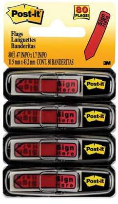 Post-it Nachrichtenflaggen, AufschriftSign Here, Rot, 1,9 cm Breit, 20/Spender, 4 Spender/Packung, (684-RDSH), (VAR)