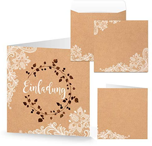 Logbuch-Verlag 20 Einladungskarten Hochzeit Geburtstag Kommunion quadratisch mit Kuverts natürlich braun 14,8 cm
