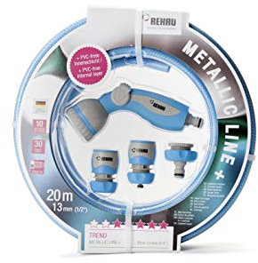 REHAU Trend-Gartenschlauch METALLIC LINE+ 1/2 Zoll 20m: ökologisch unbedenklich, frei von Schadstoffen, Set inkl. Gartenbrause + Anschlussteile