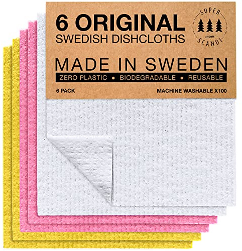 SUPERSCANDI 6 Pack Reusable Cleaning Cloths - 100% Biodegradable & Compostable Washable Swedish Dishcloth - Food-Safe & Plastic-Free Kitchen Cloth Suitable for Any Surface, Pink Yellow White