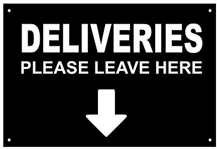 Hinweisschild mit englischer Aufschrift Delivery Please Leave Here, With Directional Arrow Entrance, wasserdicht, Acryl, Bohrlöcher (groß – 290 mm x 195 mm, schwarz)
