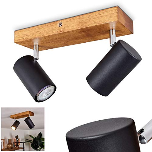 HOFSTEIN Deckenleuchte Zuoz, verstellbare Deckenlampe aus Metall/Holz in Schwarz/Naturfarben, Leuchte im Retro/Vintage-Design mit Holzbalken, 2 x GU10, Wohnzimmer, Esszimmer, Schlafzimmer, Küche