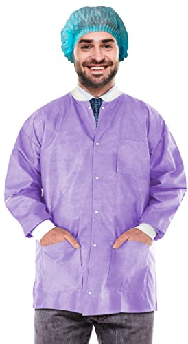 EZGOODZ Disposable Lab Jacket, 30 Inches Long. Pack of 10 Purple Hip-Length Workwear Medium. SMS 50 gsm Disposable Shirts with Snaps Front, Knit Cuffs & Collar, 3 Pockets. Unisex PPE Coat
