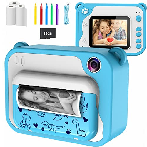 KinderKamera- DigitalKamera Sofortbildkamera Print 1080P 2.4 Zoll Bildschirm Videokamera Schwarzweiß Fotokamera mit 32GB Karte,3 Rollen Druckpapier,5 Farben Pinselstift Geschenk für Kinder 3-12 Jahren