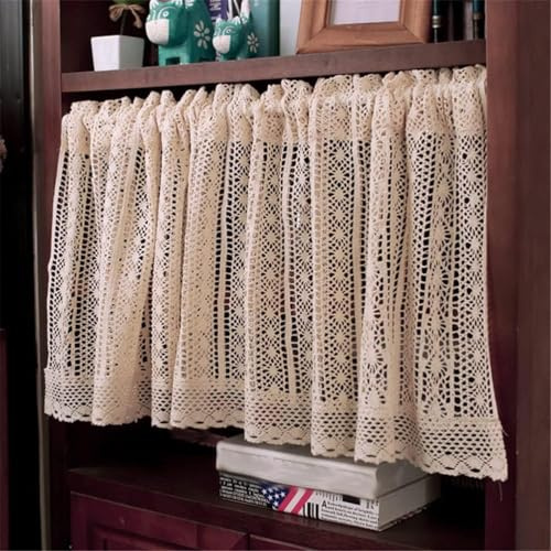 ACMHNC Vintage Küchenvorhang Landhausstil Häkeln Stricken Handgemacht Scheibengardine Kurzstore Gardine Boho Baumwolle Leinen Häkelgardine 1 Stück,Beige,W x H 150 x 90 cm