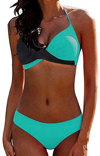CheChury Damen Bademode Push Up Bikini Set Zweiteilige Badeanzug Strandkleidung Crossover Neckholder Triangel Oberteil Bikinihose Sexy Halter