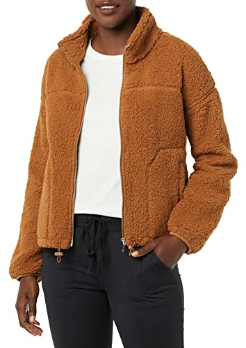 Amazon Essentials Women's Long Sleeve Fleece Zip-Up Sherpa Lined Jacket with Stand Neck, Dark Tan, Large