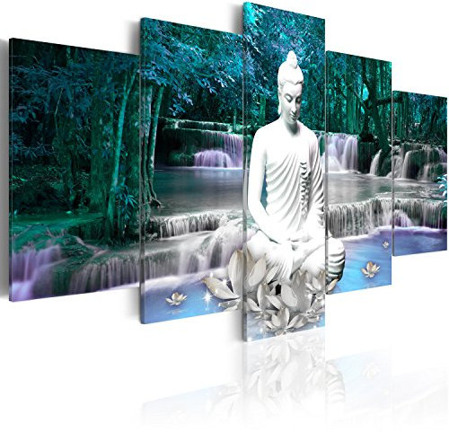 B&D XXL - Wandbilder XXL 150x75cm 5 tlg - Wand Deko Leinwand Bilder Groß Wanddeko Wohnzimmer Schlafzimmer Kunstdrucke - Natur Landschaft Buddha Wasserfall Baum Wald h-C-0048-b-o