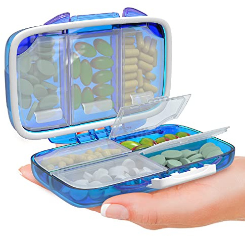 Travel Pill Organizer - Moisture Proof Portable Vitamin Holder with 7 Compartments, Compact Supplement Case for Purse Essential Medicine Kit fot Traveling Pocket Pharmacy with Labels, Blue
