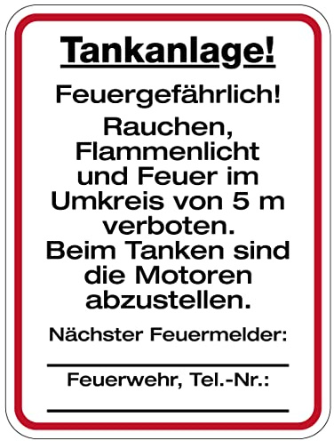 Aufkleber Aushang Warnung „Tankanlage“ Brandschutz Schild Folie selbstklebend | Größe Wählbar Made in Germany, Größe: 15x20cm