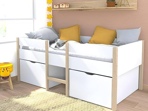 Vente-unique Halbhochbett mit 2 Schubladen + Matratze - 90 x 190 cm - WeiÃ & Eiche - Sissy