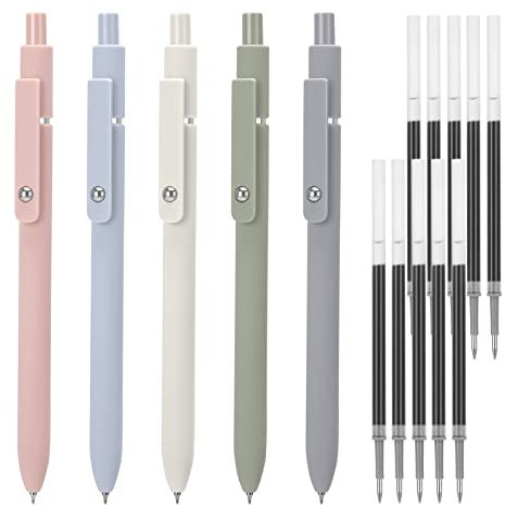 Dacitiery 5 Stück Gelstifte mit 10 zusätzlichen Nachfüllminen, 0.5mm Druckgelschreiber feine Spitze, Schnell Trocknende Tinte, für Schule, Büro, Zuhause - Schwarz