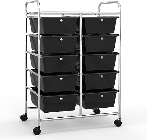 GIANTEX Rollwagen mit 10 Schubladen stapelbar, Schubladenwagen Badrollwagen Küchenwagen mit feststellbaren Rollen, Aufbewahrungswagen Haushaltswagen für Küche Bad Büro 65,5x37x87cm Schwarz