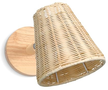 LIGKIN Wandleuchte Bambus Lampe Boho E27 Lampenschirm Rattan Vintage Wandlampen Holz Innenwandlampe Drehbar Holz für Wohnzimmer, Schlafzimmer, Küche, Café