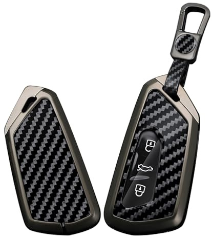 TECART Smart Autoschlüssel Hülle cover Passt für VW Golf 8 R ID.4 Atlas Multivan T7 Seat Leon MK4 Octavia A8 Enyaq PVC Schlüsselanhänger Keyless Go Schutz 3 Taste Kohlefaser