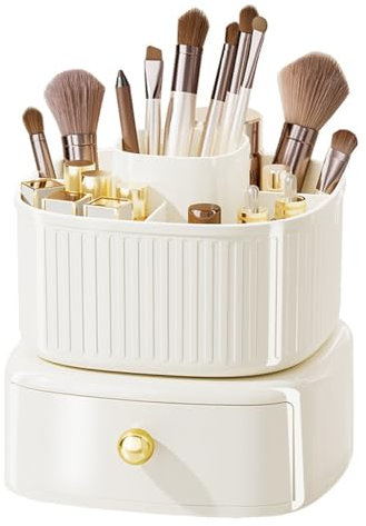 Organizador de Maquillaje Giratorio 360°, Porta Brochas de Maquillaje con Cajón, Organizador de Escritorio Portalápices, Organizador de Cosméticos de Escritorio para Dormitorio, Baño (Blanco Cremoso)