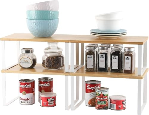 Bamboo Kitchen Shelf Organizer, Expandable & Stackable Cabinet Counter Cupboard Organiser, Storage Rack for Spice Bottle, Cup, Tin Can (4)