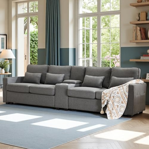 Canapé 4 places en tissu lin gris foncé avec console, 2 porte-gobelets, 2 ports USB, poches sur les accoudoirs et 4 coussins