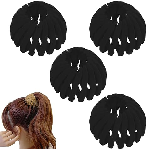 4Pcs Schwarzes Vogelnest Pferdeschwanz-Clip, Damen-Haar-Accessoires, Haar-Accessoires Samt einziehbaren Brötchen für Pferdeschwänze, Brötchen und Haar-Karten (Schwarz)
