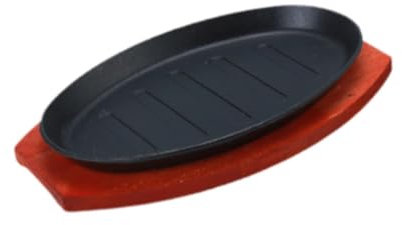 Baoblaze Assiette à steak en fonte Assiette à steak japonaise avec plateau en bois Plaque de cuisson ovale Plat de service pour camping en plein air, 28cmx17cm