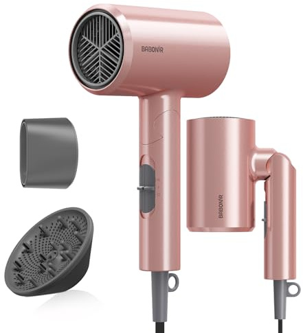 BABONIR Ionic Diffuser Hair Dryer for Curly Hair, 1875W Fast Drying Blow Dryer with Diffuser and Concentrator Nozzle, Compact & Portable Negative Ion Hairdryer Blowdryer, 3 Heat 2 Speed Settings, Pink