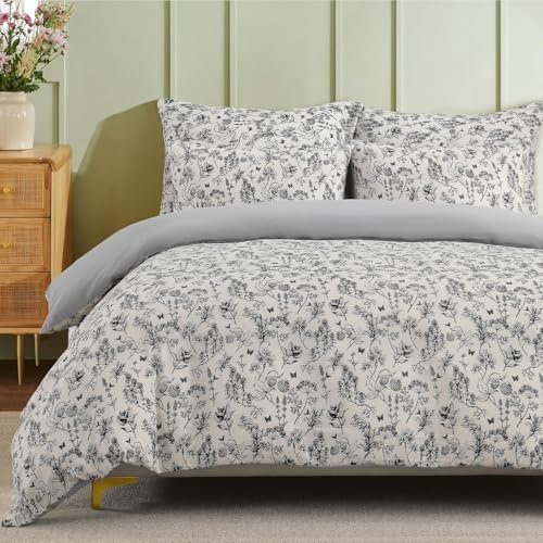 Gezu Juego de ropa de cama 135 x 200 cm, diseño de flores, color gris, romántico, tulipanes, funda nórdica suave con cremallera, 80 x 80 cm