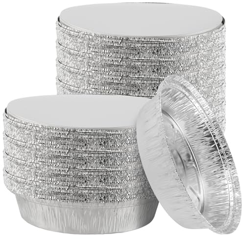 JIEHIN 100 Stück 18cm Aluschalen Rund mit Deckel, 630ml Einweg Aluschalen aus Aluminiumfolie, Aluminium Behälter aus Folie, Aluminium Schalen für kleine Mahlzeiten, Kuchen, Torten & Quiches