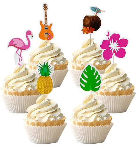 24Pcs Hawaiian Party Decorations Cupcake Toppers,Flowers & Palm Leaves Pineapple Flamingo Cake Topper,Tropical Bar Beach Garden Pool Moana Party Decorations Happy Birthday Cocktail Picks